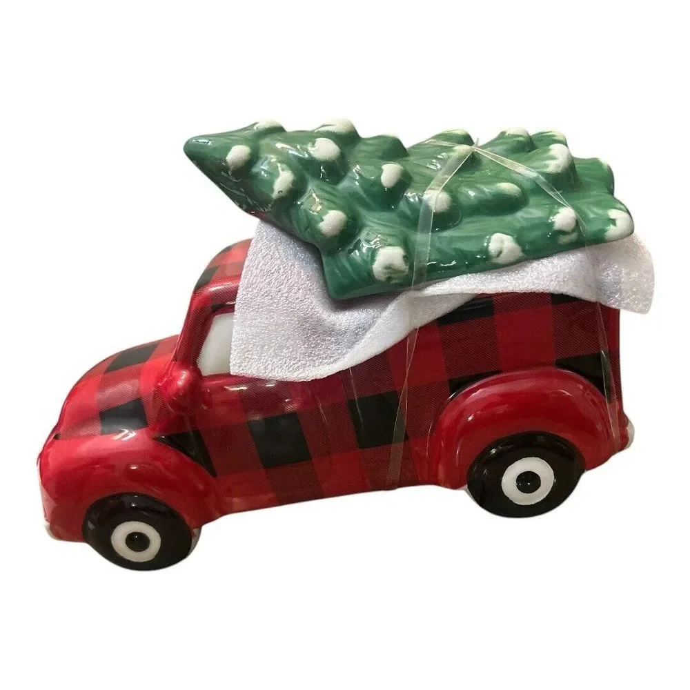 Red &‎ Black Plaid Ceramic Pickup Truck Christmas Tree Cookie Jar